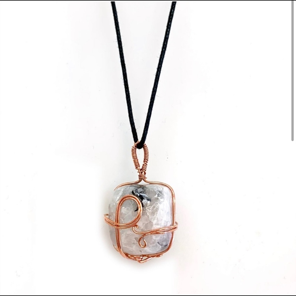 Rainbow Moonstone Copper Wire-Wrapped Pendant on Black cord